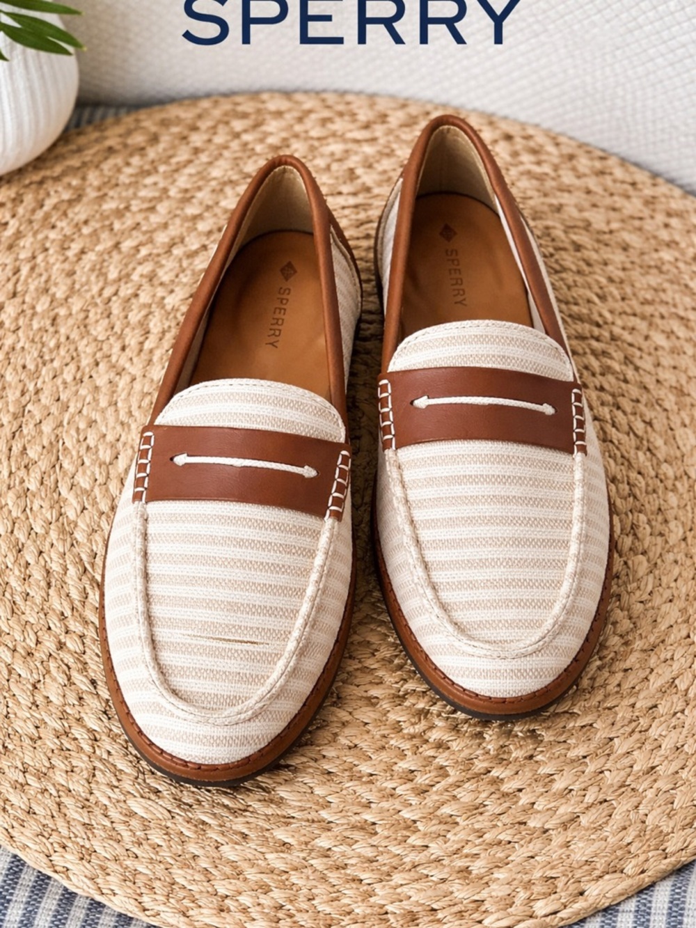 Sperry Seaport Penny Loafers Striped Canvas Tan Leather Size 7 - Picture 3 of 7